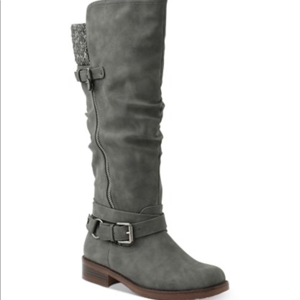 XOXO Gray Knee-High Buckle Boots